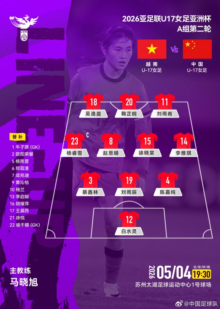 开云官方网站-U17女足亚洲杯A组第二轮，中国U17女足对阵越南U17女足，首发公布